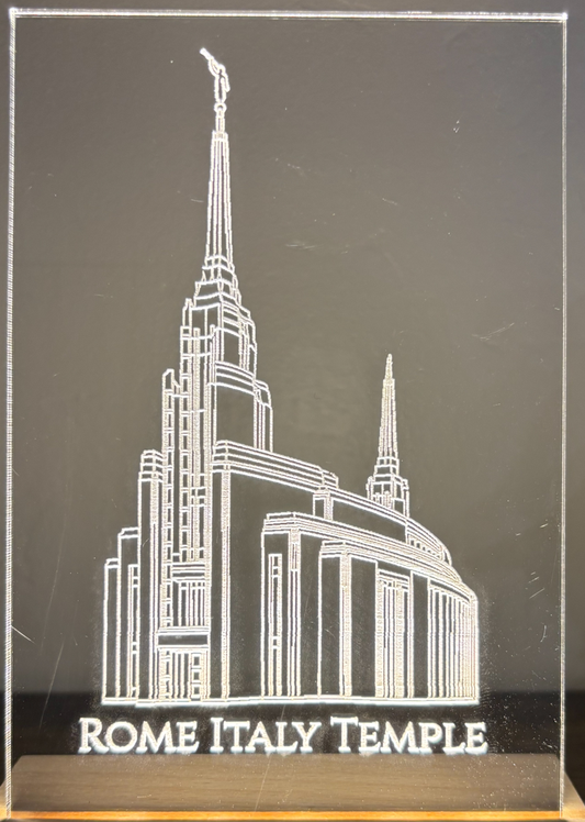 Clear Acrylic engraving of the Rome Italy Temple shown on a LED edge-lit wooden base.