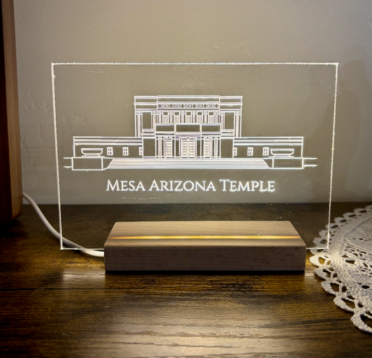 Clear Acrylic engraving of the Mesa Arizona Temple design on a LED edge-lit wooden base